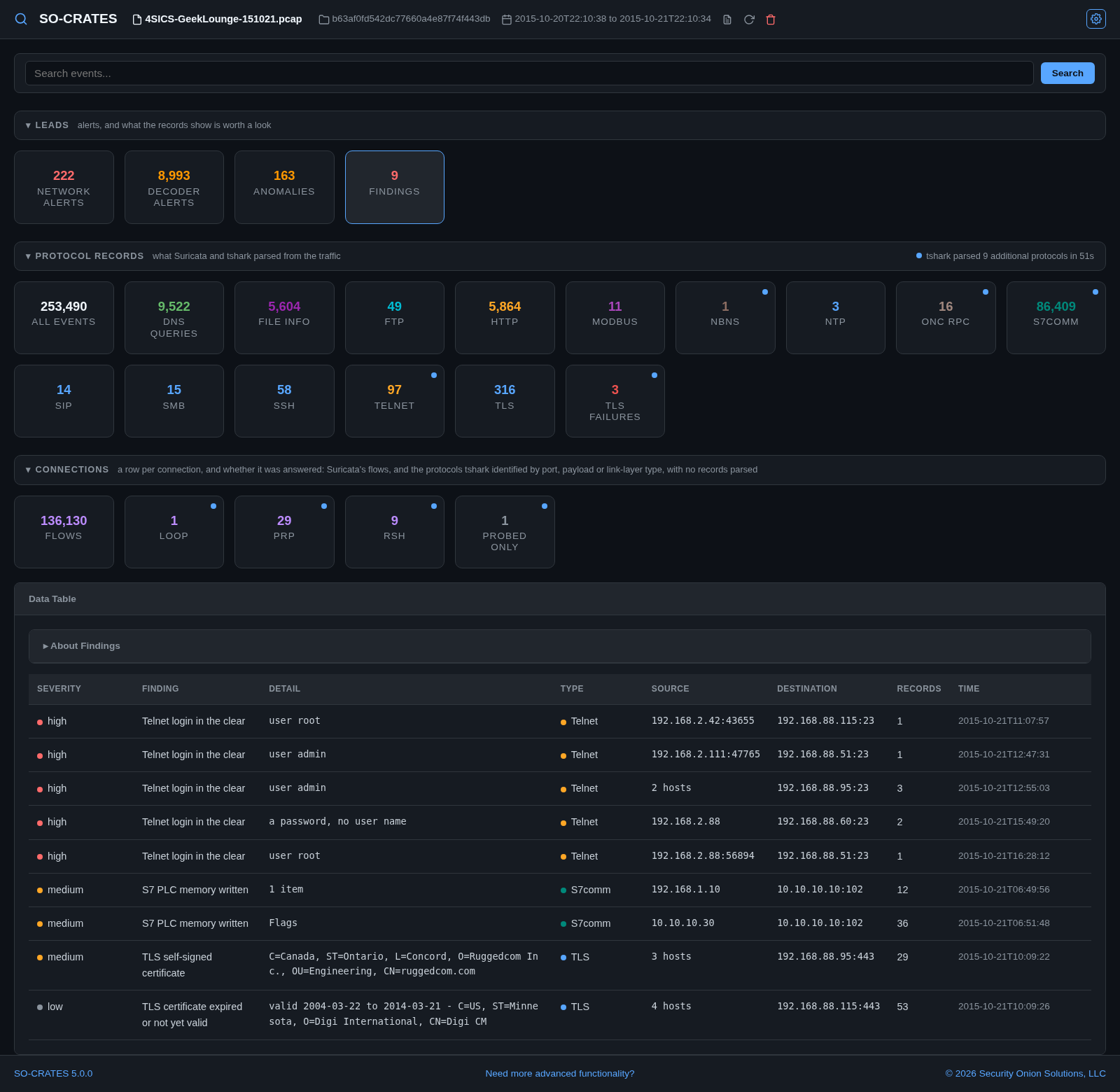 Stat-card sections, tshark's protocols, and Findings